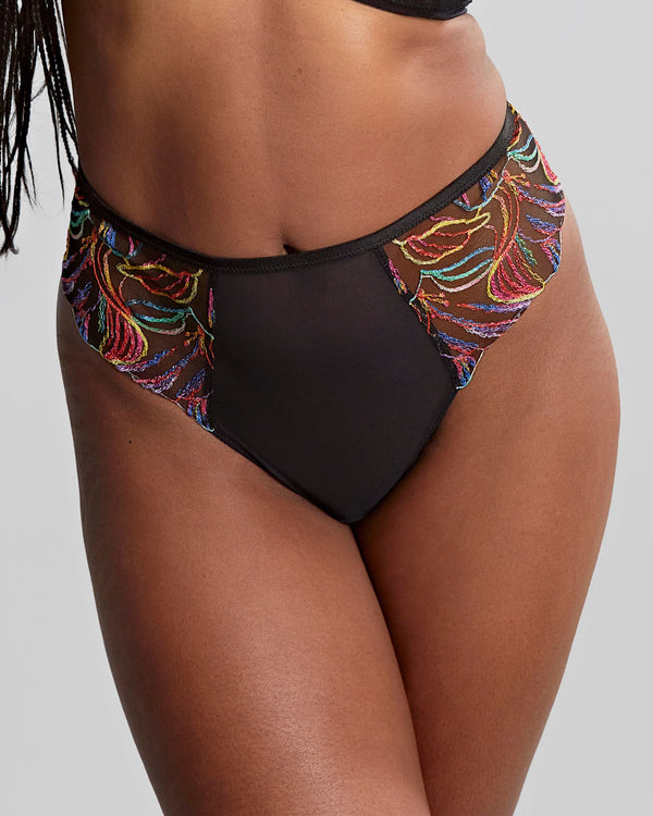 Panache Liza Deep Brief in Disco Black with shimmery embroidery made for curves Front